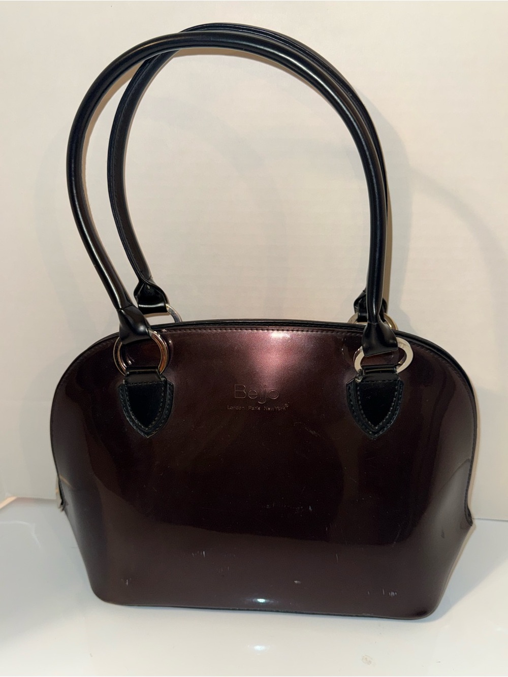 BEIJO pearlescent burgundy patent dome satchel shoulder bag